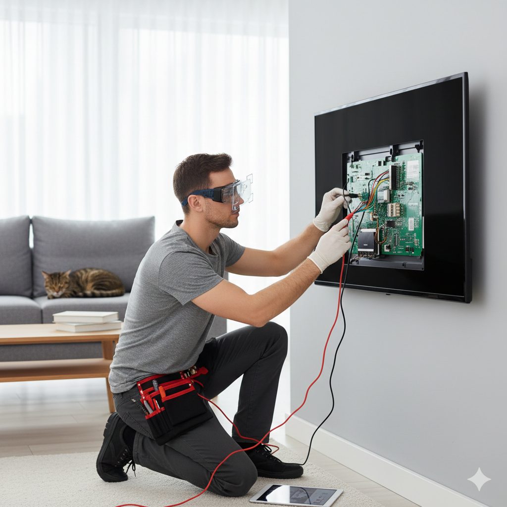 tecnico homem consertando tv